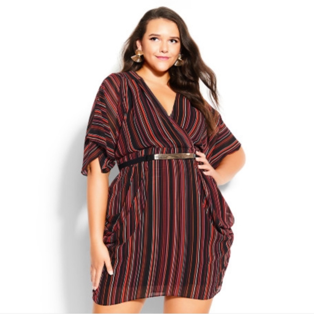 City Chic amber multi striped faux wrap dress belted mini sz 14 (extra small)